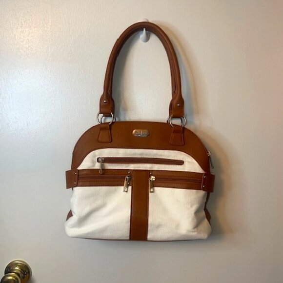 B.Amici Handbags - B Amici Amelia White Canvas & Tan Trimming Satchel Shoulder Bag